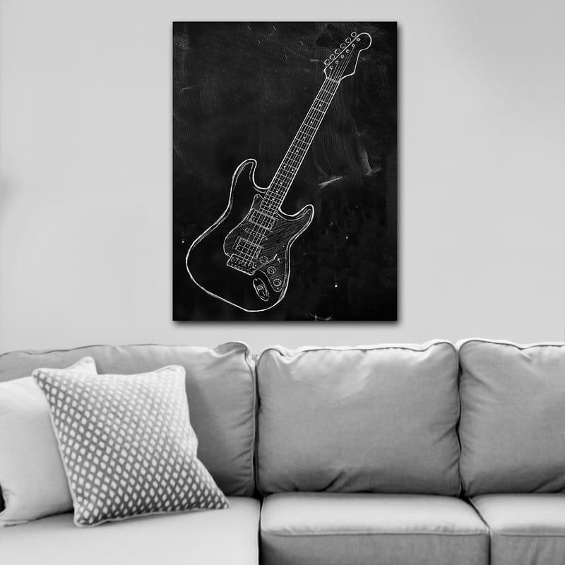 Canvastavla 70x100 cm - Stiliserad elgitarr ritad med krita på en svart bakgrund - Svart / Vit - Inredning - Tavlor & konst - Canvastavlor