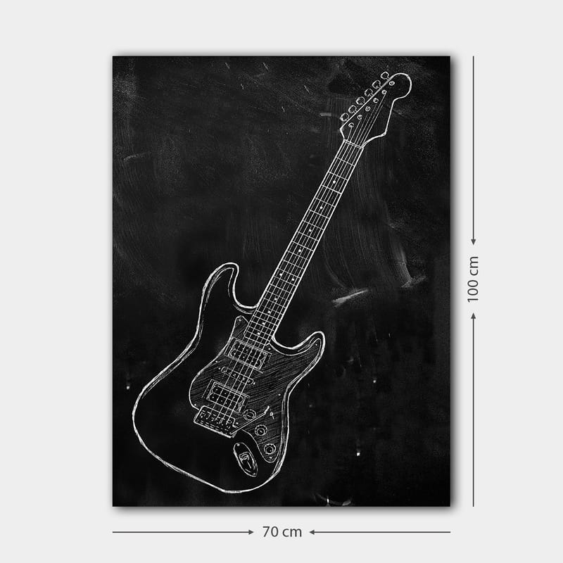 Canvastavla 70x100 cm - Stiliserad elgitarr ritad med krita på en svart bakgrund - Svart / Vit - Inredning - Tavlor & konst - Canvastavlor