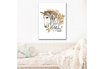 Canvastavla 70x100 cm - Stiliserad enhörning med glittrande detaljer och texten Make a wish - Vit / Guld / Svart - Inredning - Tavlor & konst - Canvastavlor