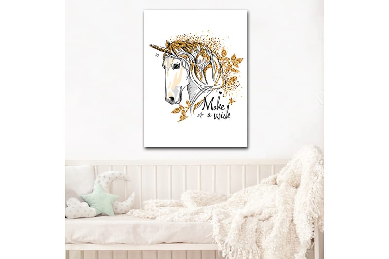 Canvastavla 70x100 cm - Stiliserad enhörning med glittrande detaljer och texten Make a wish - Vit / Guld / Svart - Inredning - Tavlor & konst - Canvastavlor