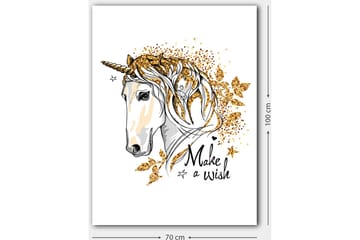 Canvastavla 70x100 cm - Stiliserad enhörning med glittrande detaljer och texten Make a wish - Vit / Guld / Svart - Inredning - Tavlor & konst - Canvastavlor