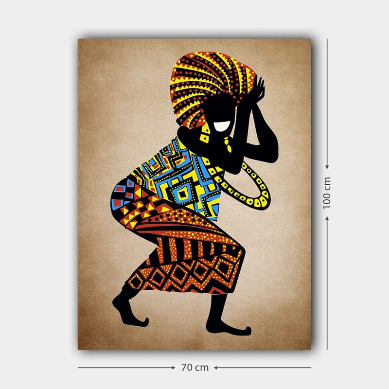 Canvastavla 70x100 cm - Stiliserad figur med färgglada mönster som dansar med en stor huvudprydnad - Svart / Röd / Blå - Inredning - Tavlor & konst - Canvastavlor