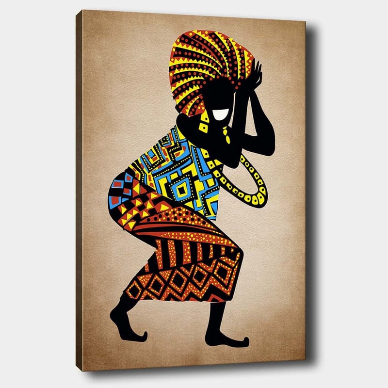 Canvastavla 70x100 cm - Stiliserad figur med färgglada mönster som dansar med en stor huvudprydnad, Svart / Röd / Blå