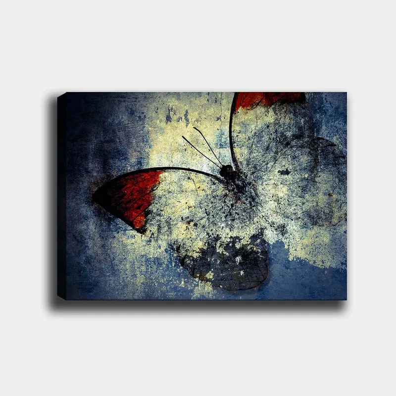Canvastavla 70x100 cm - Stiliserad fjäril med röda vingar mot en grå och blå bakgrund, Röd / Grå / Blå