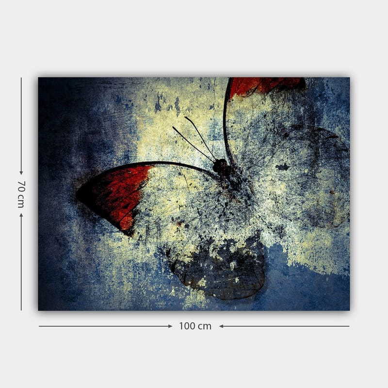 Canvastavla 70x100 cm - Stiliserad fjäril med röda vingar mot en grå och blå bakgrund - Röd / Grå / Blå - Inredning - Tavlor & konst - Canvastavlor