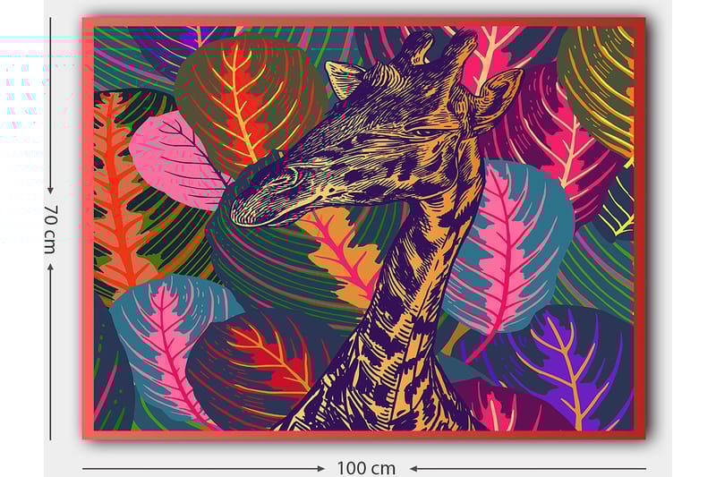 Canvastavla 70x100 cm - Stiliserad giraff omgiven av färgglada lövverk - Lila / Grön / Orange - Inredning - Tavlor & konst - Canvastavlor
