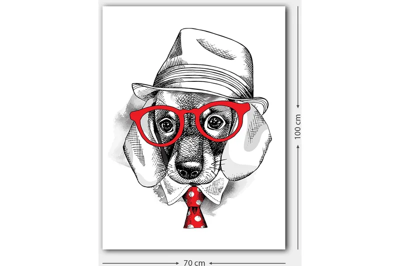 Canvastavla 70x100 cm - Stiliserad hund i klädd hatt och glasögon, med en röd slips som har vita prickar - Röd / Svart / Vit - Inredning - Tavlor & konst - Canvastavlor