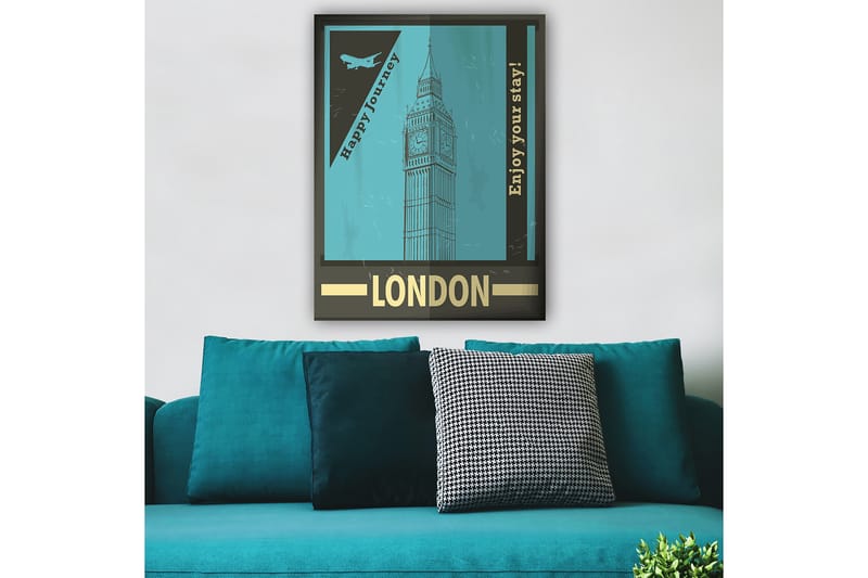 Canvastavla 70x100 cm - Stiliserad illustration av Big Ben med en retro reseinspirerad design - Turkos / Svart / Guld - Inredning - Tavlor & konst - Canvastavlor