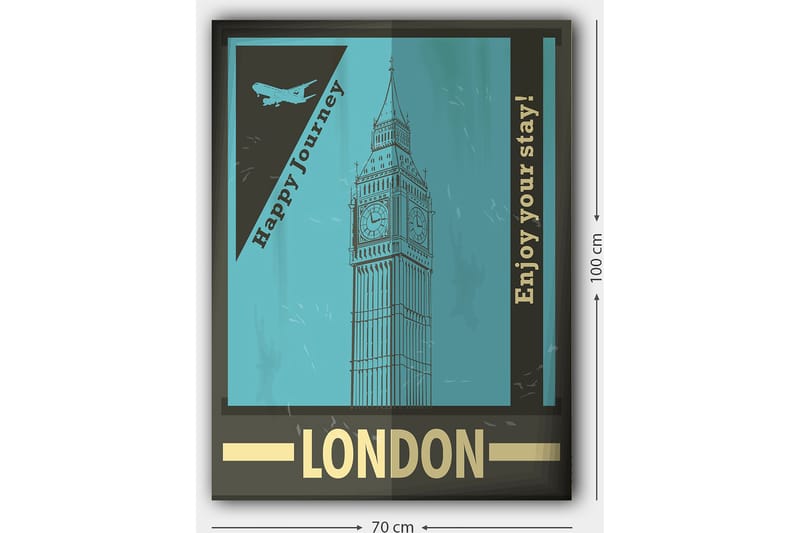 Canvastavla 70x100 cm - Stiliserad illustration av Big Ben med en retro reseinspirerad design - Turkos / Svart / Guld - Inredning - Tavlor & konst - Canvastavlor