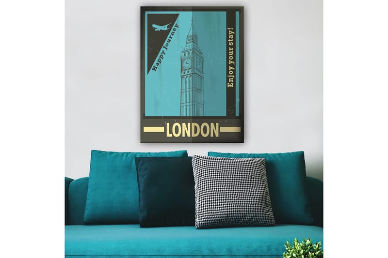 Canvastavla 70x100 cm - Stiliserad illustration av Big Ben med en retro reseinspirerad design - Turkos / Svart / Guld - Inredning - Tavlor & konst - Canvastavlor