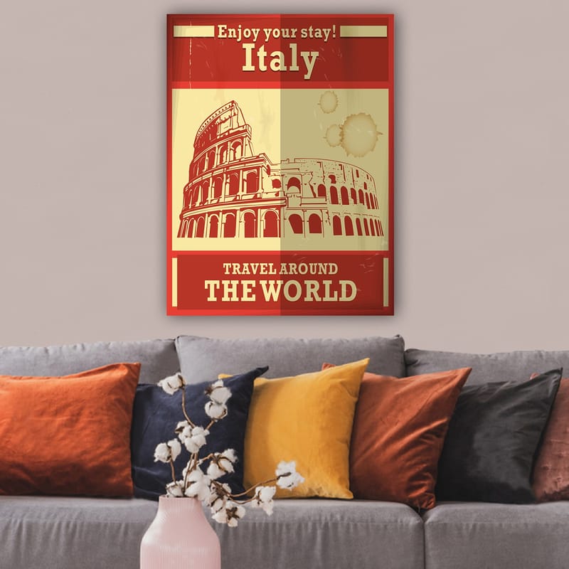 Canvastavla 70x100 cm - Stiliserad illustration av Colosseum i Rom med en röd och beige färgpalett - Röd / Beige - Inredning - Tavlor & konst - Canvastavlor