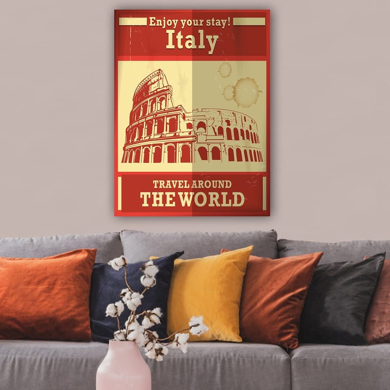 Canvastavla 70x100 cm - Stiliserad illustration av Colosseum i Rom med en röd och beige färgpalett - Röd / Beige - Inredning - Tavlor & konst - Canvastavlor