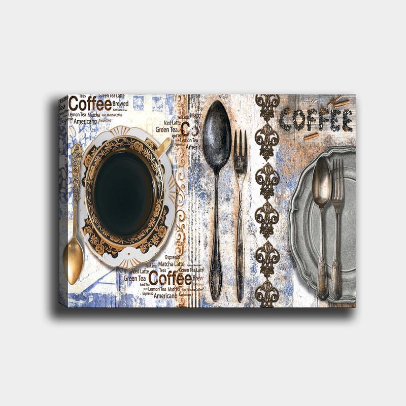 Canvastavla 70x100 cm - Stiliserad kaffekopp med bestick och text som framhäver kaffets olika varianter, Svart / Guld / Grå