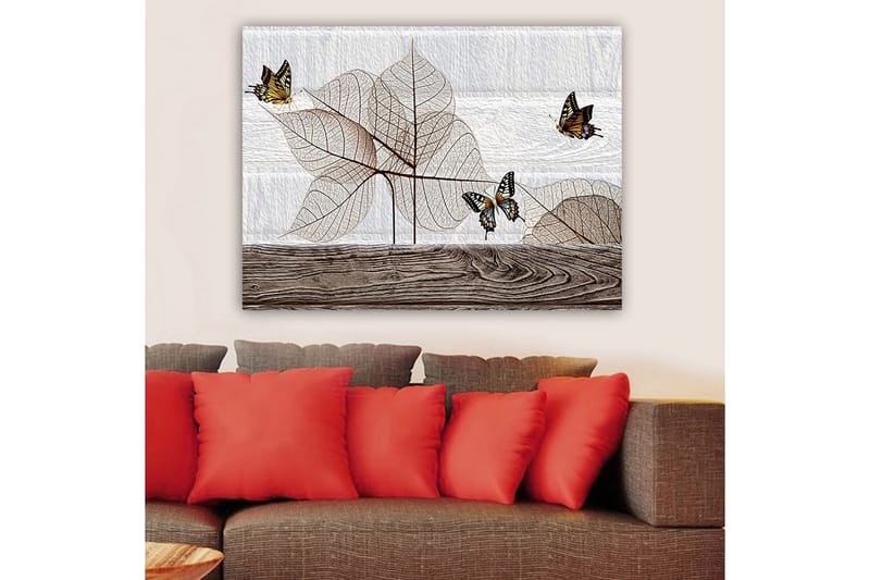 Canvastavla 70x100 cm - Stiliserad komposition av fjärilar som svävar över genomskinliga blad på en träyta - Beige / Brun / Svart - Inredning - Tavlor & konst - Canvastavlor