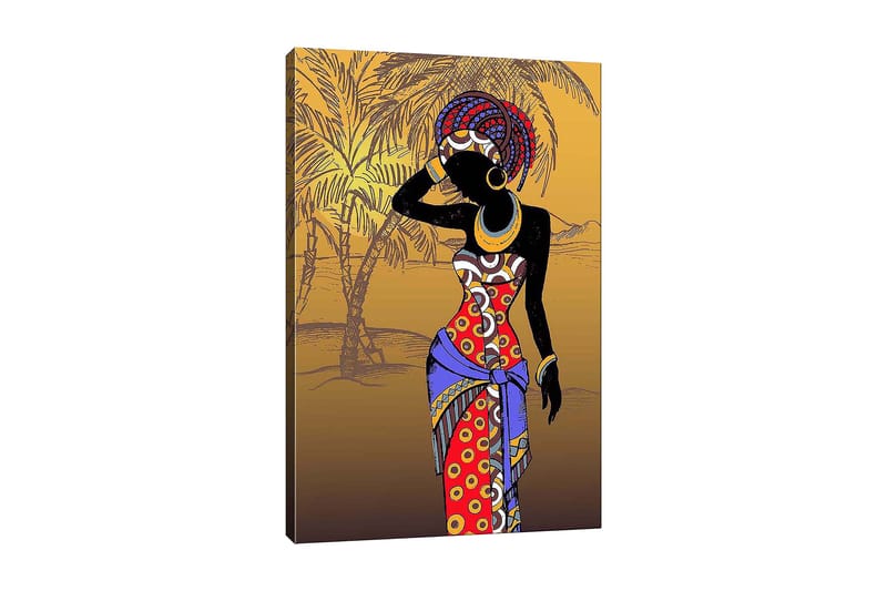 Canvastavla 70x100 cm - Stiliserad kvinna i färgglad klädsel som poserar med en hand vid ansiktet, Röd / Blå / Svart