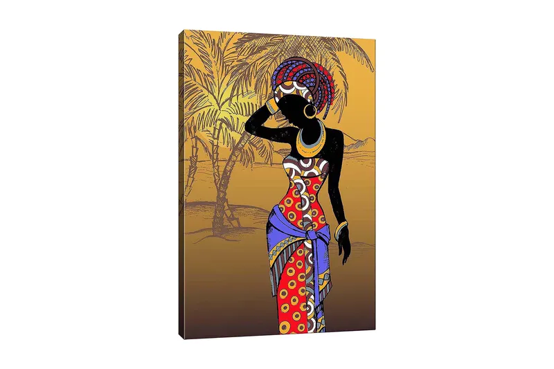 Canvastavla 70x100 cm - Stiliserad kvinna i färgglad klädsel som poserar med en hand vid ansiktet, Röd / Blå / Svart