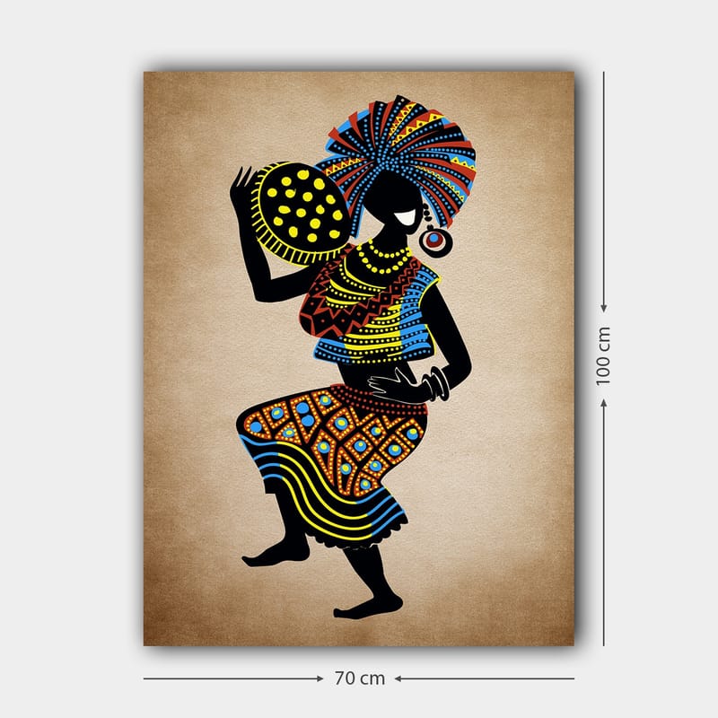 Canvastavla 70x100 cm - Stiliserad kvinna i traditionell klädsel som bär en stor huvudbonad och en skål med prickar - Svart / Blå / Orange - Inredning - Tavlor & konst - Canvastavlor
