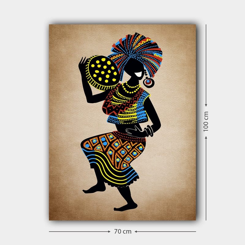 Canvastavla 70x100 cm - Stiliserad kvinna i traditionell klädsel som bär en stor huvudbonad och en skål med prickar - Svart / Blå / Orange - Inredning - Tavlor & konst - Canvastavlor
