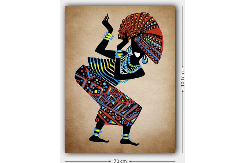 Canvastavla 70x100 cm - Stiliserad kvinna i traditionella kläder som dansar med en stor hatt - Röd / Blå / Svart - Inredning - Tavlor & konst - Canvastavlor