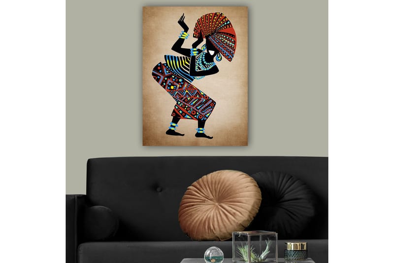 Canvastavla 70x100 cm - Stiliserad kvinna i traditionella kläder som dansar med en stor hatt - Röd / Blå / Svart - Inredning - Tavlor & konst - Canvastavlor