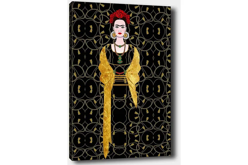 Canvastavla 70x100 cm - Stiliserad kvinna klädd i svart och guld med röd blomma i håret - Svart / Guld / Röd - Inredning - Tavlor & konst - Canvastavlor