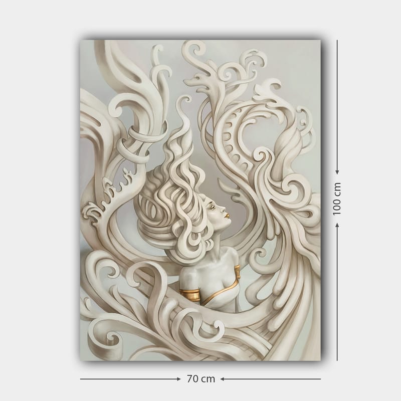 Canvastavla 70x100 cm - Stiliserad kvinna med böljande hår omgiven av dekorativa svängningar och former - Ljusgrå / Beige / Vit - Inredning - Tavlor & konst - Canvastavlor