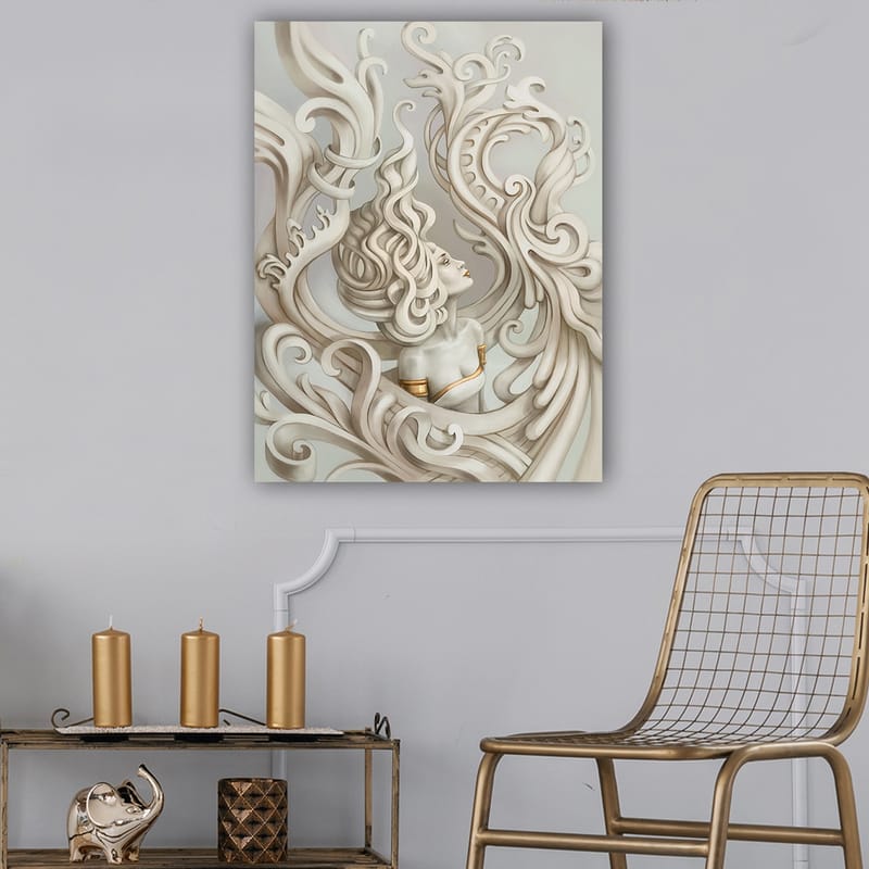 Canvastavla 70x100 cm - Stiliserad kvinna med böljande hår omgiven av dekorativa svängningar och former - Ljusgrå / Beige / Vit - Inredning - Tavlor & konst - Canvastavlor