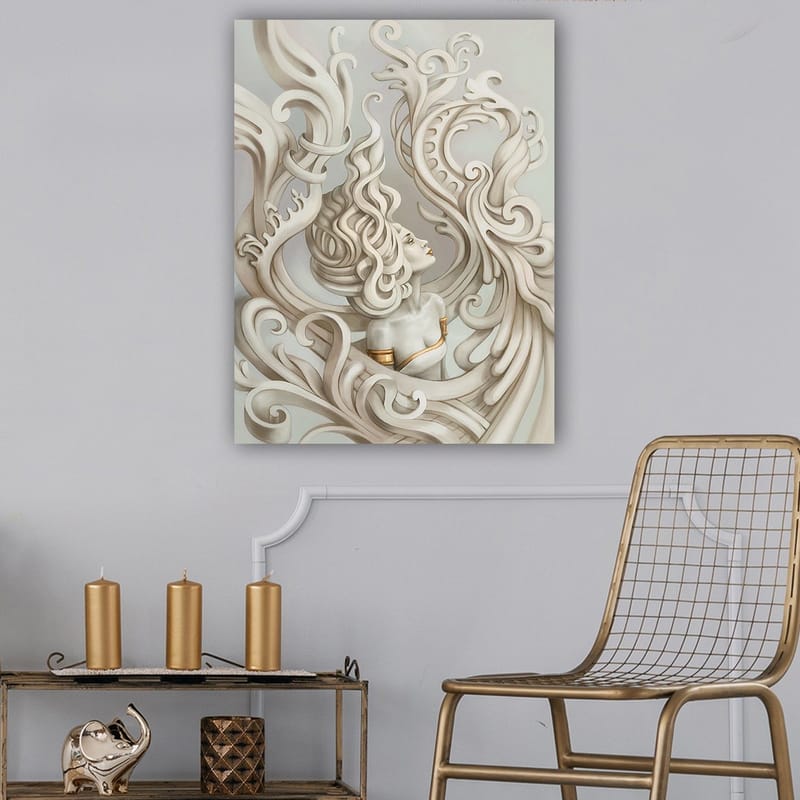 Canvastavla 70x100 cm - Stiliserad kvinna med böljande hår omgiven av dekorativa svängningar och former - Ljusgrå / Beige / Vit - Inredning - Tavlor & konst - Canvastavlor