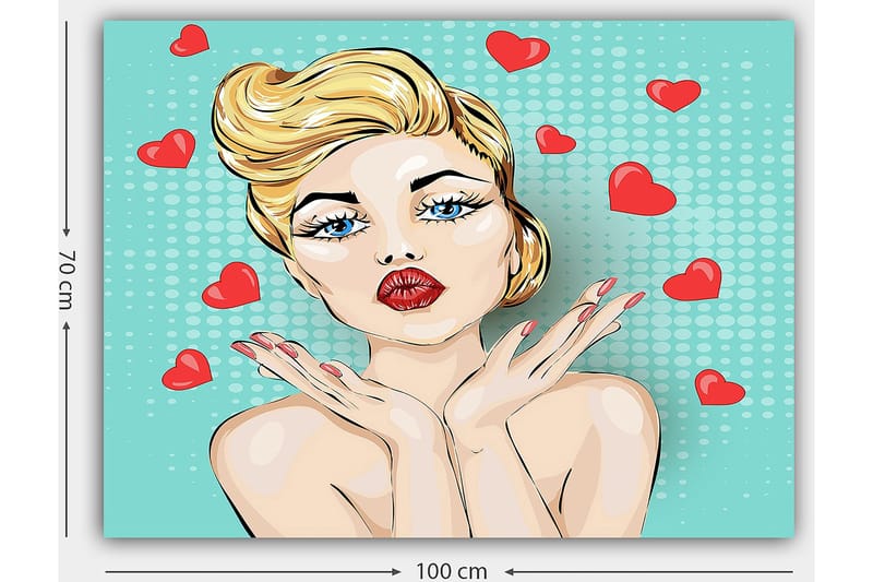 Canvastavla 70x100 cm - Stiliserad kvinna med blont hår och röda läppar som ger en kyss med hjärtan runt omkring sig - Ljusblå / Röd / Beige - Inredning - Tavlor & konst - Canvastavlor