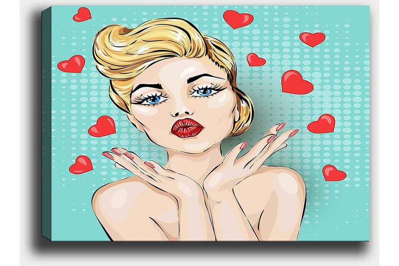 Canvastavla 70x100 cm - Stiliserad kvinna med blont hår och röda läppar som ger en kyss med hjärtan runt omkring sig - Ljusblå / Röd / Beige - Inredning - Tavlor & konst - Canvastavlor