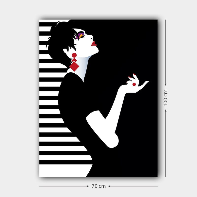 Canvastavla 70x100 cm - Stiliserad kvinna med en elegant hållning och dramatiska smycken - Svart / Vit / Röd - Inredning - Tavlor & konst - Canvastavlor