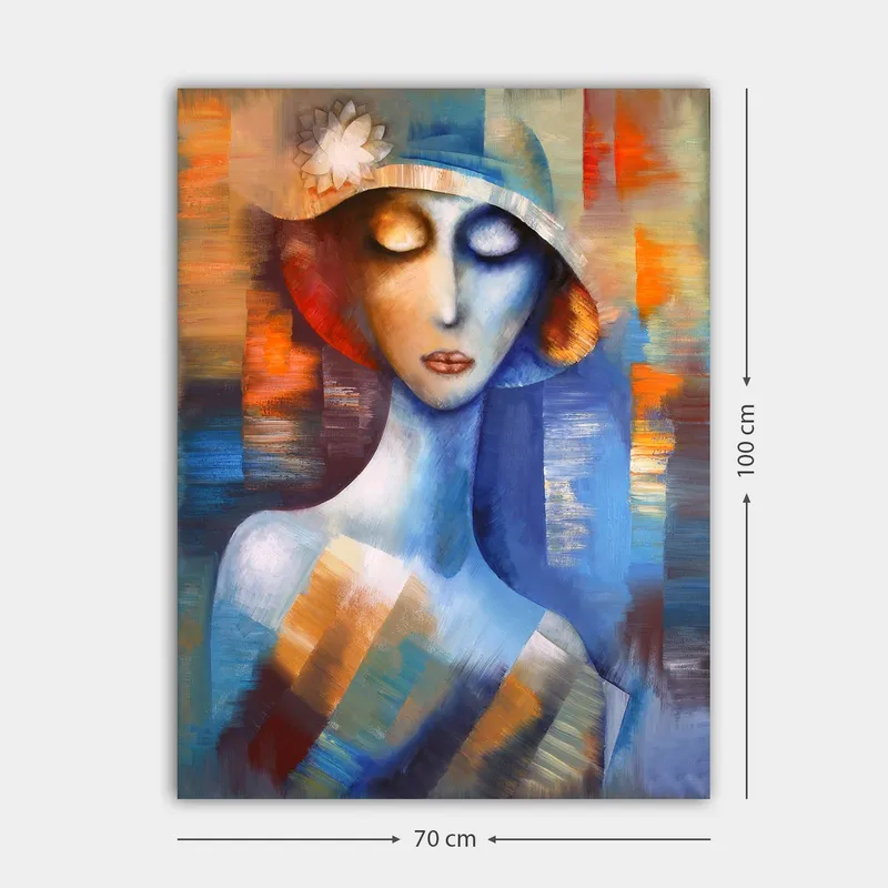 Canvastavla 70x100 cm - Stiliserad kvinna med en hatt som utstrålar en drömlik och känslosam atmosfär - Blå / Orange / Vit - Inredning - Tavlor & konst - Canvastavlor