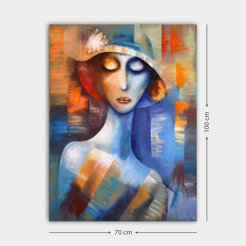 Canvastavla 70x100 cm - Stiliserad kvinna med en hatt som utstrålar en drömlik och känslosam atmosfär - Blå / Orange / Vit - Inredning - Tavlor & konst - Canvastavlor