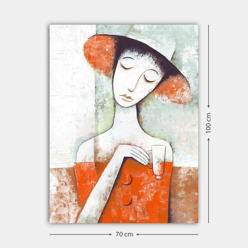 Canvastavla 70x100 cm - Stiliserad kvinna med en röd klänning och hatt, som håller ett glas - Röd / Vit / Grön - Inredning - Tavlor & konst - Canvastavlor