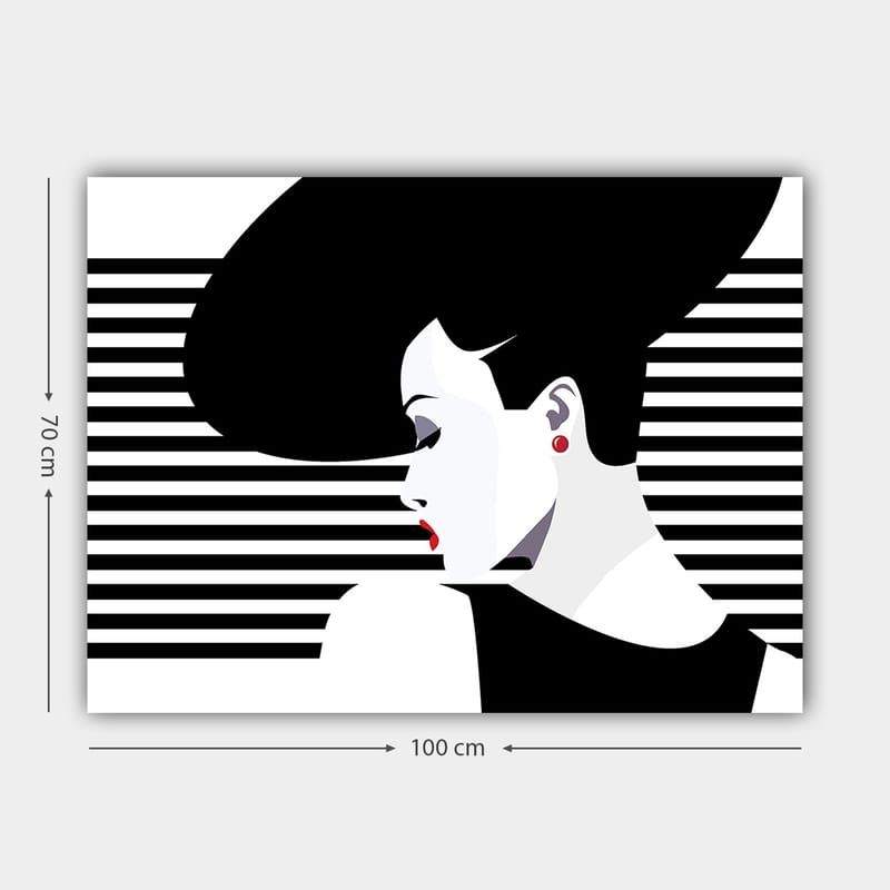 Canvastavla 70x100 cm - Stiliserad kvinna med en stor frisyr i profil, omgiven av svarta och vita ränder - Svart / Vit / Röd - Inredning - Tavlor & konst - Canvastavlor