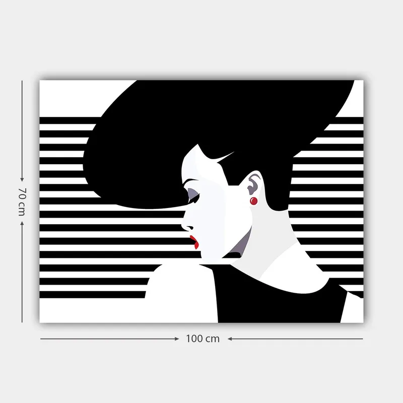 Canvastavla 70x100 cm - Stiliserad kvinna med en stor frisyr i profil, omgiven av svarta och vita ränder - Svart / Vit / Röd - Inredning - Tavlor & konst - Canvastavlor