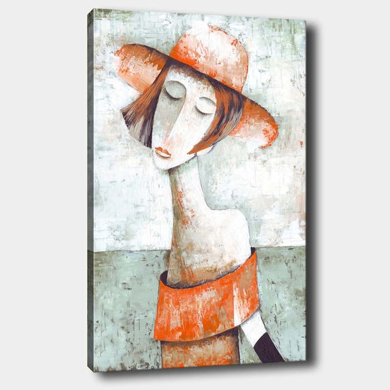 Canvastavla 70x100 cm - Stiliserad kvinna med en stor hatt och en orange tröja som ger en känsla av lugn och eftertänksamhet, Orange / Grå / Vit