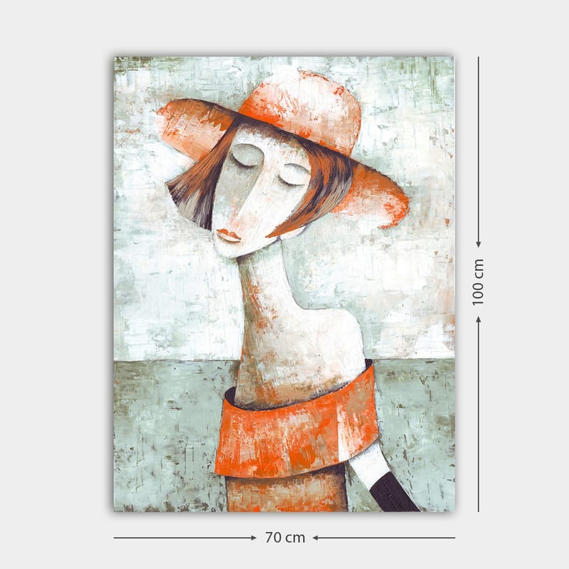 Canvastavla 70x100 cm - Stiliserad kvinna med en stor hatt och en orange tröja som ger en känsla av lugn och eftertänksamhet - Orange / Grå / Vit - Inredning - Tavlor & konst - Canvastavlor
