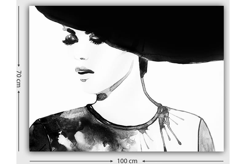 Canvastavla 70x100 cm - Stiliserad kvinna med en stor hatt och ett uttrycksfullt ansikte - Svart / Vit / Grå - Inredning - Tavlor & konst - Canvastavlor