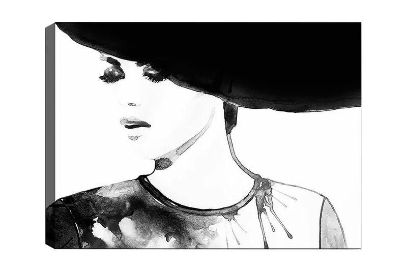 Canvastavla 70x100 cm - Stiliserad kvinna med en stor hatt och ett uttrycksfullt ansikte - Svart / Vit / Grå - Inredning - Tavlor & konst - Canvastavlor