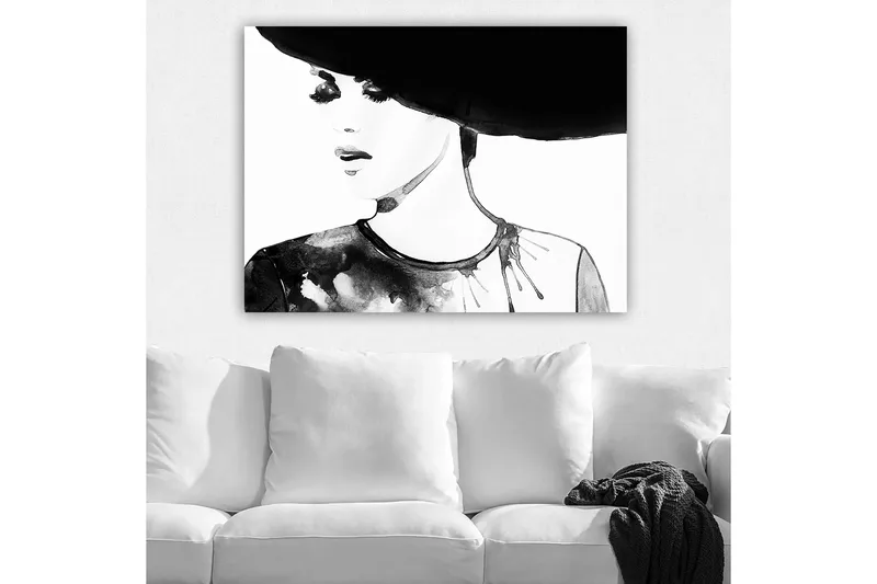 Canvastavla 70x100 cm - Stiliserad kvinna med en stor hatt och ett uttrycksfullt ansikte - Svart / Vit / Grå - Inredning - Tavlor & konst - Canvastavlor