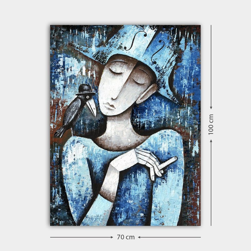 Canvastavla 70x100 cm - Stiliserad kvinna med en svart fågel på axeln, klädd i blått och vitt - Blå / Vit / Svart - Inredning - Tavlor & konst - Canvastavlor