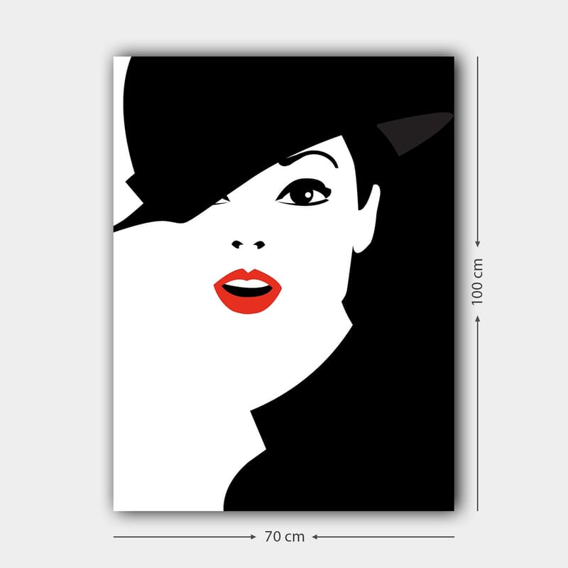 Canvastavla 70x100 cm - Stiliserad kvinna med en svart hatt och röda läppar - Svart / Vitt / Röd - Inredning - Tavlor & konst - Canvastavlor