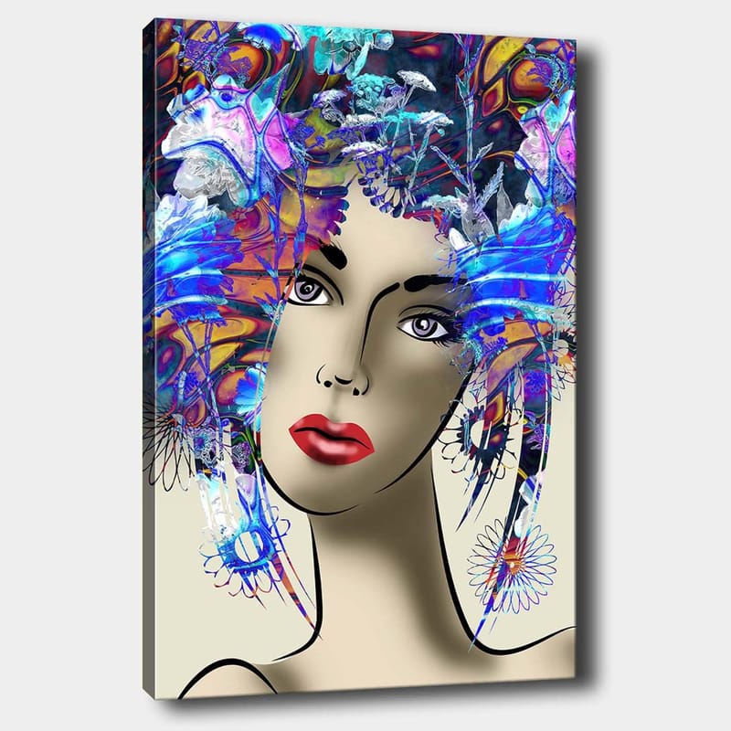 Canvastavla 70x100 cm - Stiliserad kvinna med f ärgglad blomsterkrans i håret - Blå / Röd / Lila - Inredning - Tavlor & konst - Canvastavlor