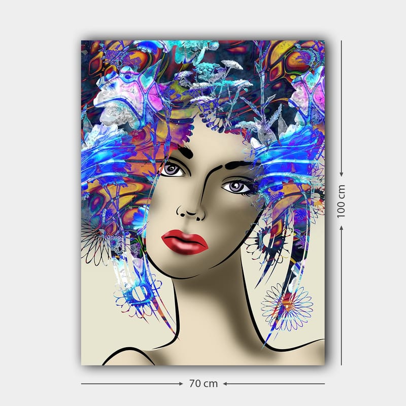 Canvastavla 70x100 cm - Stiliserad kvinna med färgglad blomsterkrans i håret - Blå / Röd / Lila - Inredning - Tavlor & konst - Canvastavlor