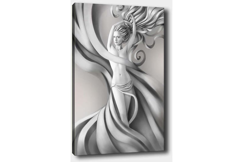 Canvastavla 70x100 cm - Stiliserad kvinna med flödande hår och kläder i gråskala, som uttrycker rörelse och elegans - Grå / Svart / Vit - Inredning - Tavlor & konst - Canvastavlor