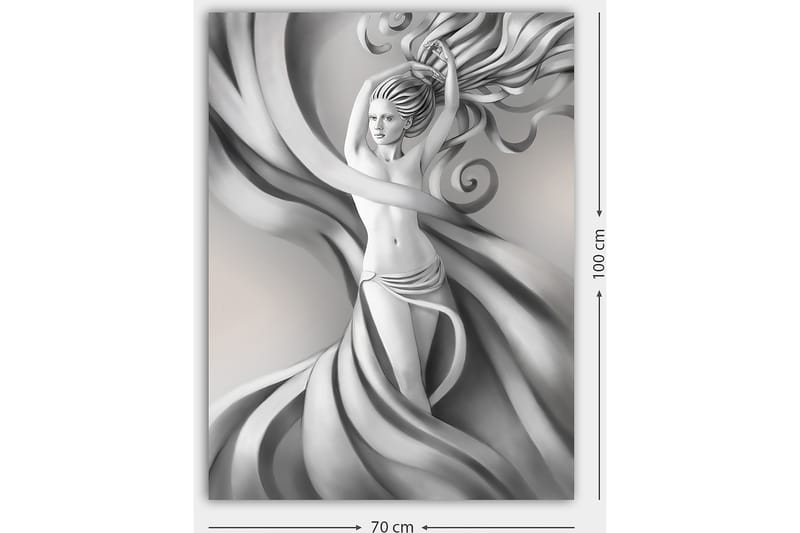 Canvastavla 70x100 cm - Stiliserad kvinna med flödande hår och kläder i gråskala, som uttrycker rörelse och elegans - Grå / Svart / Vit - Inredning - Tavlor & konst - Canvastavlor