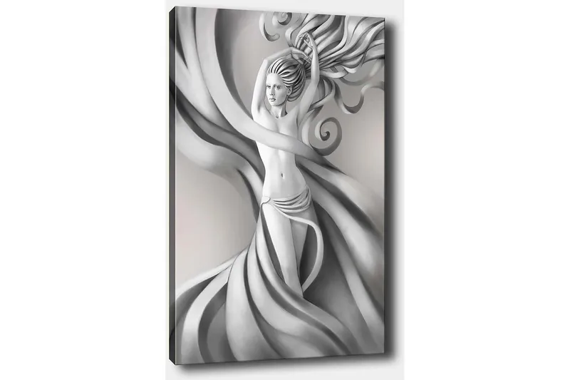 Canvastavla 70x100 cm - Stiliserad kvinna med flödande hår och kläder i gråskala, som uttrycker rörelse och elegans - Grå / Svart / Vit - Inredning - Tavlor & konst - Canvastavlor