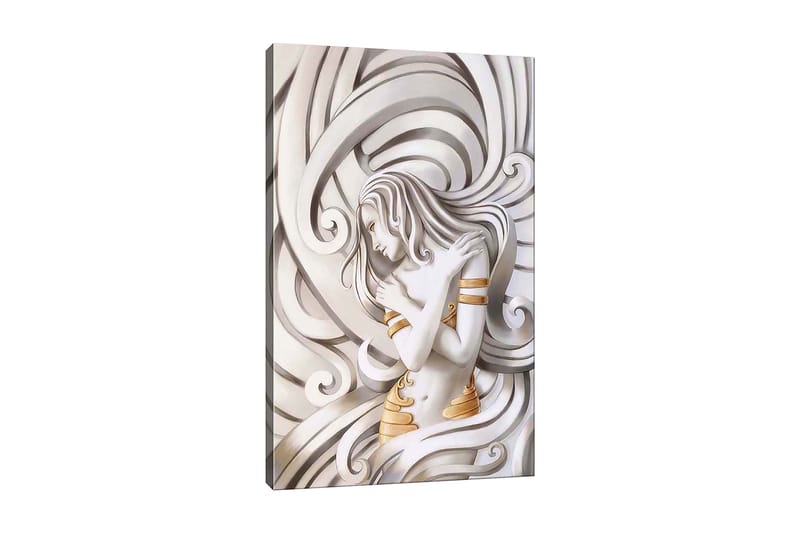 Canvastavla 70x100 cm - Stiliserad kvinna med flödande hår som omfamnar sig själv i en abstrakt komposition - Vit / Guld / Grå - Inredning - Tavlor & konst - Canvastavlor