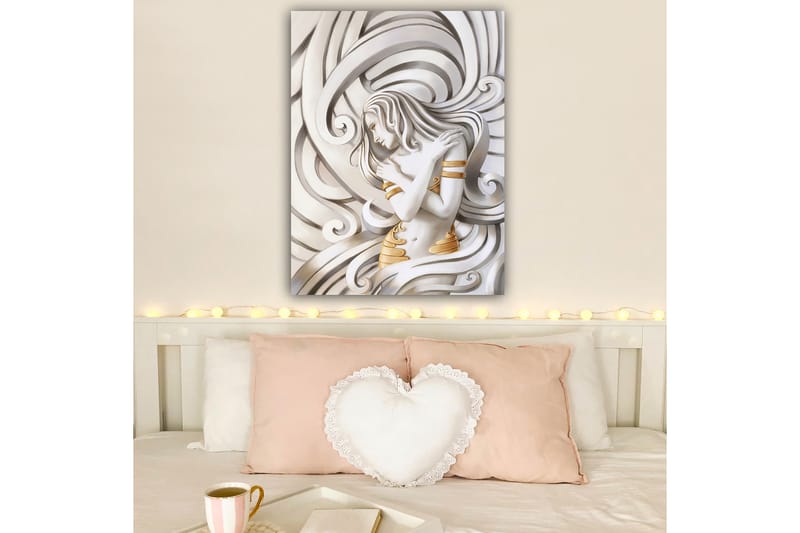 Canvastavla 70x100 cm - Stiliserad kvinna med flödande hår som omfamnar sig själv i en abstrakt komposition - Vit / Guld / Grå - Inredning - Tavlor & konst - Canvastavlor